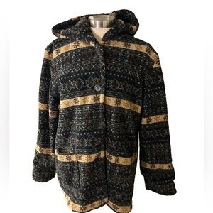 Vintage Sandro Button Up Hooded Fleece Aztec Printed Jacket